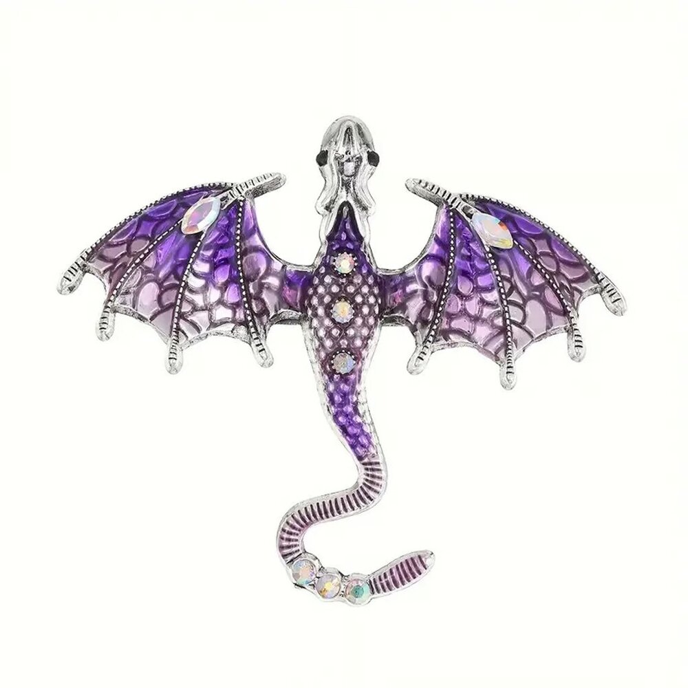 Purple and silver enamel and silver metal flying dragon pin/brooch with crystals